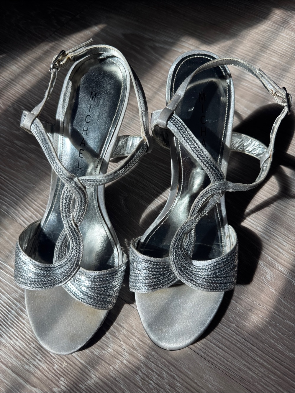 Michael Silver Sequin T-Strap Heels with Adjustable Ankle Strap